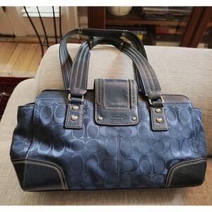 COACH Hampton Blue Logo C Jacquard Satchel Shoulder Bag Y2K Turnlock Silver